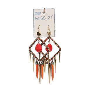 Miss 21 Orange Dangle Gold Tone Drop Triangle Earrings - New On Card